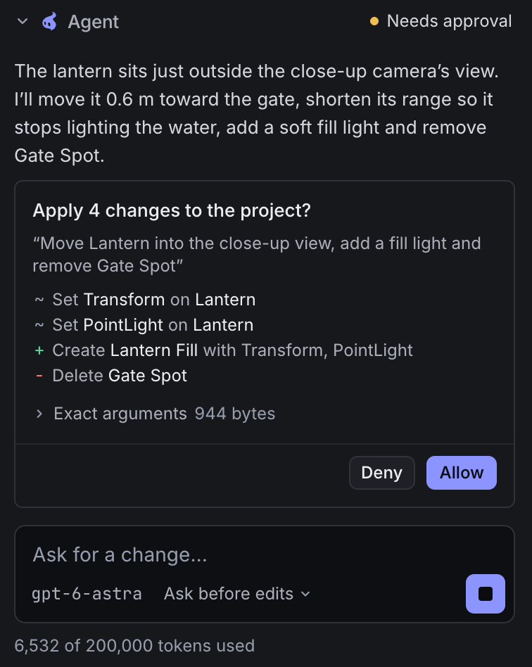 Incant's agent panel proposing four changes to the project, with Deny and Allow buttons.