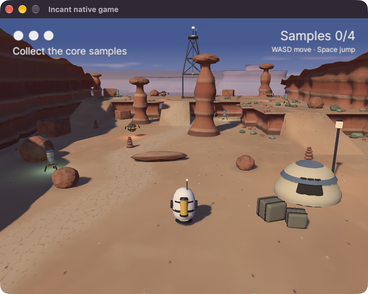Incant's native game window running its sample game: a small robot in a desert canyon, with the objective “Collect the core samples” and “Samples 0/4”.
