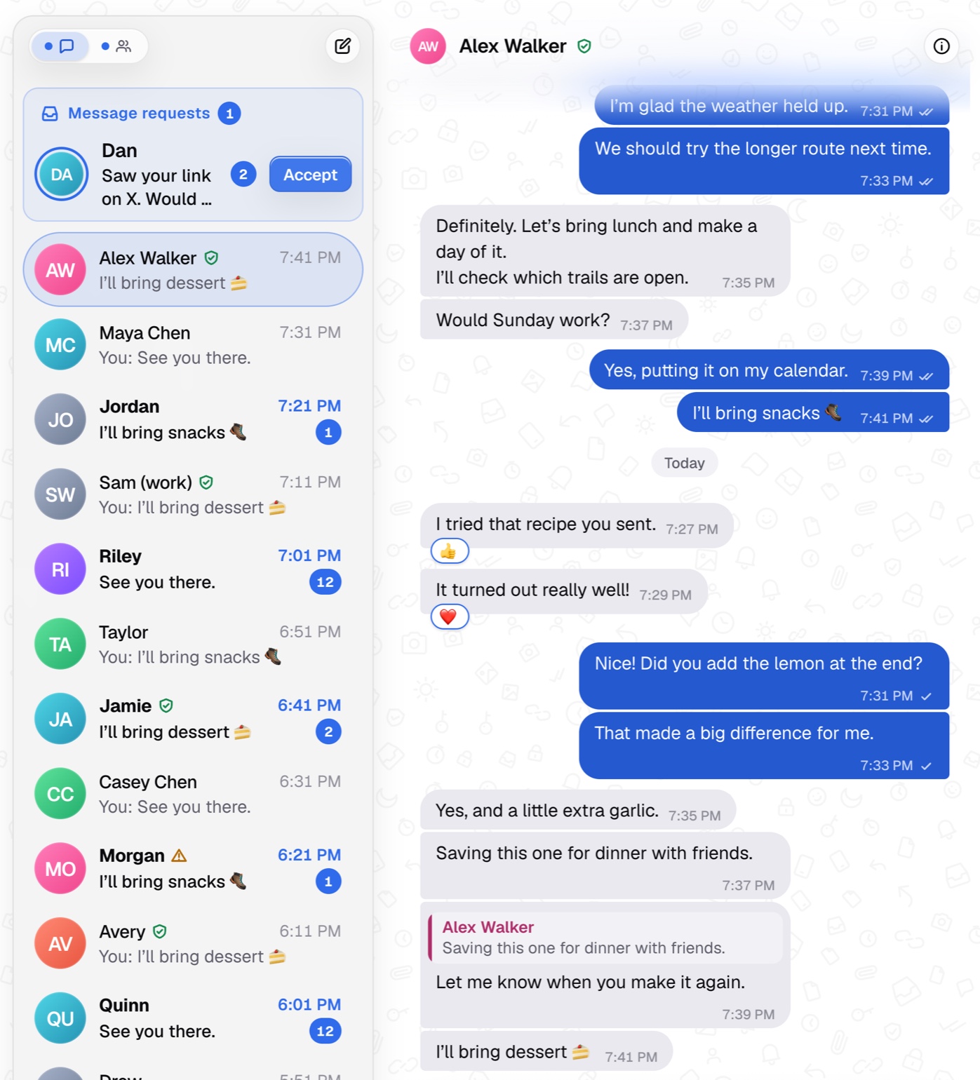 The Morse desktop app with its sample chats: a message request from Dan, and an open conversation with Alex Walker showing a verified-contact shield, emoji reactions, a quoted reply and read receipts.