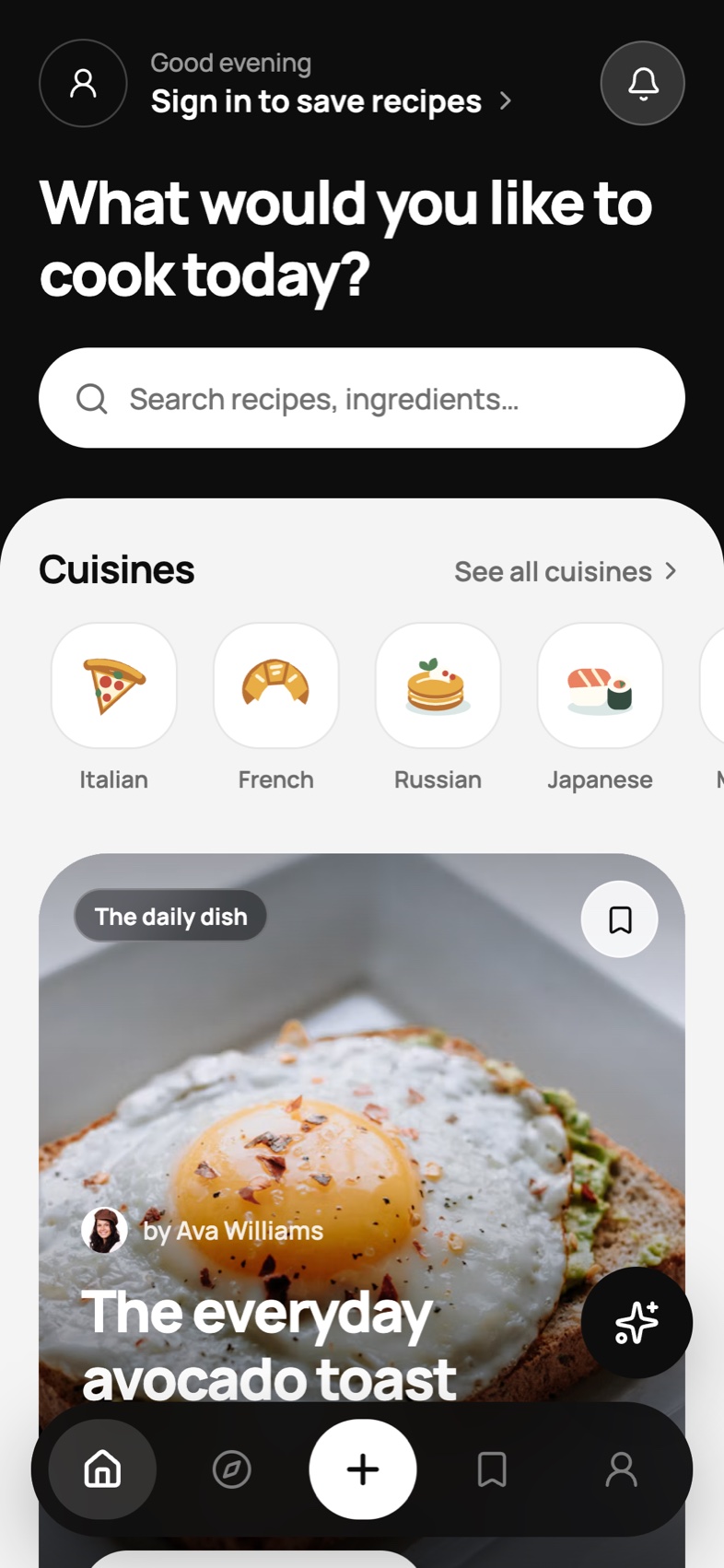 Savorly's Discover screen on a phone: a search bar, cuisines, and the daily dish, the everyday avocado toast.